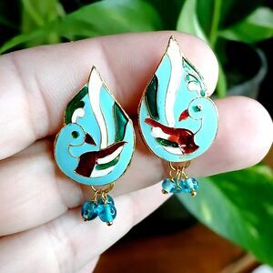 Vintage Enamel Peacock Beaded Earrings, Studs